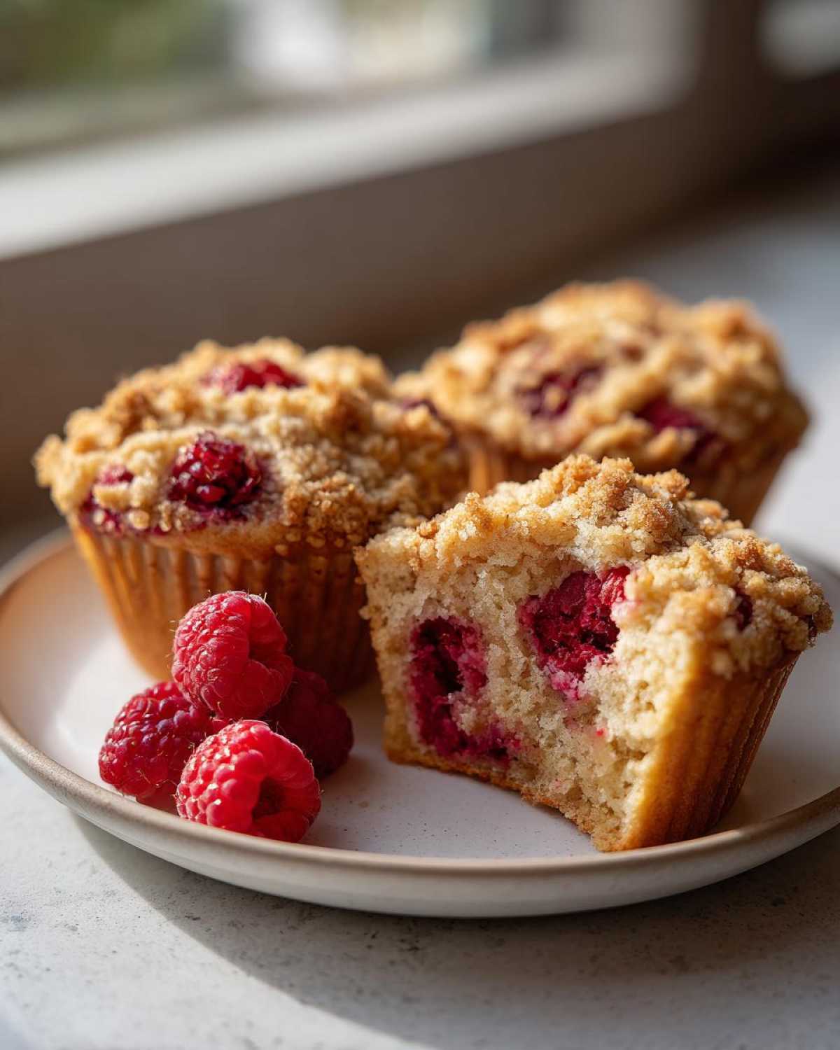 A plate featuring three crumb-topped raspberry muffins, one cut in half to show the moist interior and fresh raspberries.