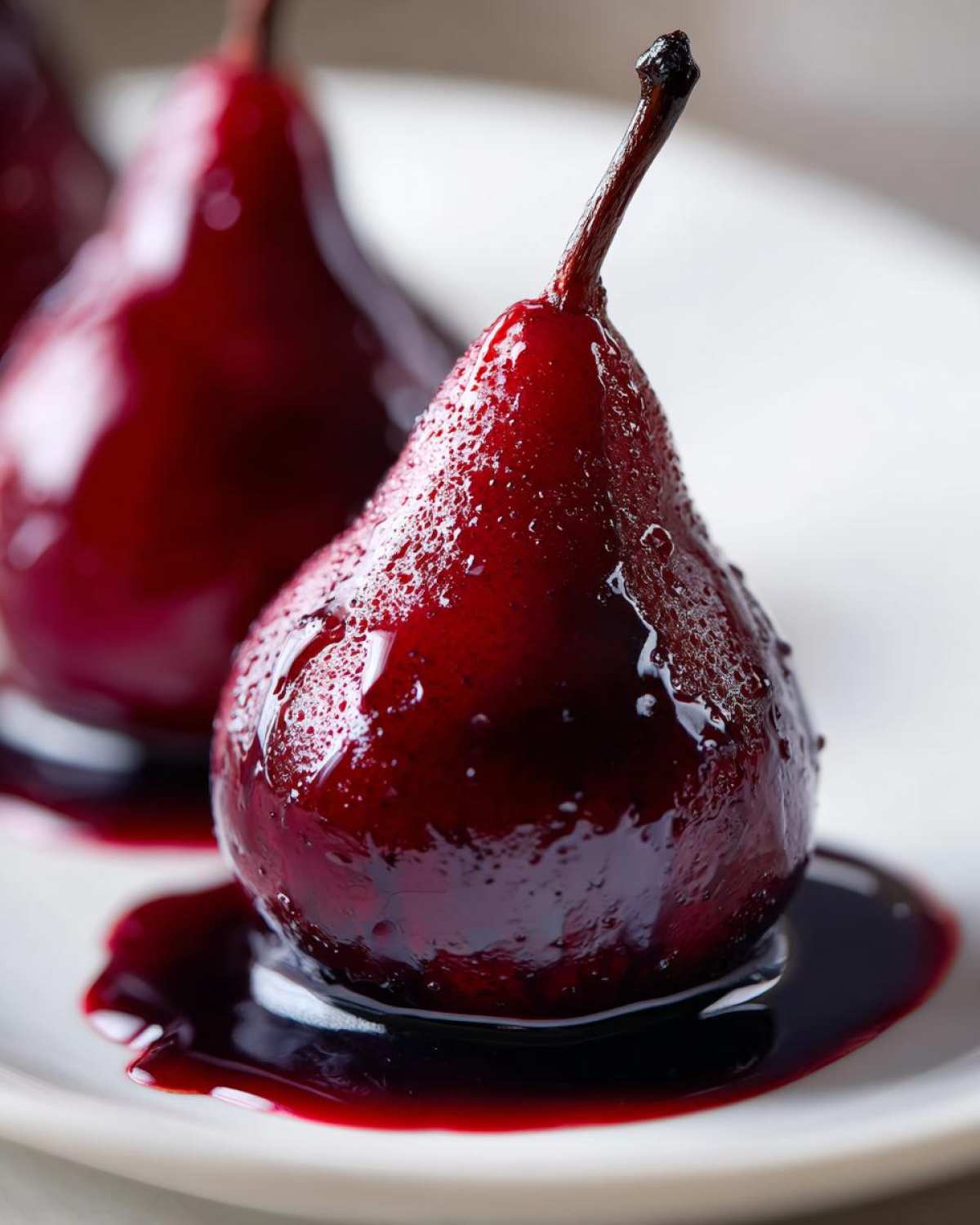 A close-up of a glistening, deep red poached pears dessert sitting in its syrup on a white plate.