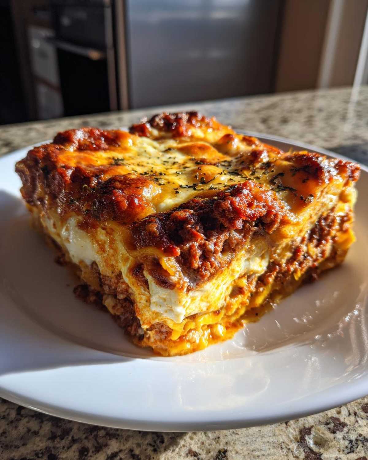 A generous slice of Easy Lasagna with Ricotta, featuring layers of pasta, meat sauce, and creamy white cheese, baked golden brown.