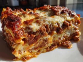Close-up of a hearty slice of easy lasagna with ricotta, showing layers of pasta, rich meat sauce, and melted, browned cheese topping.