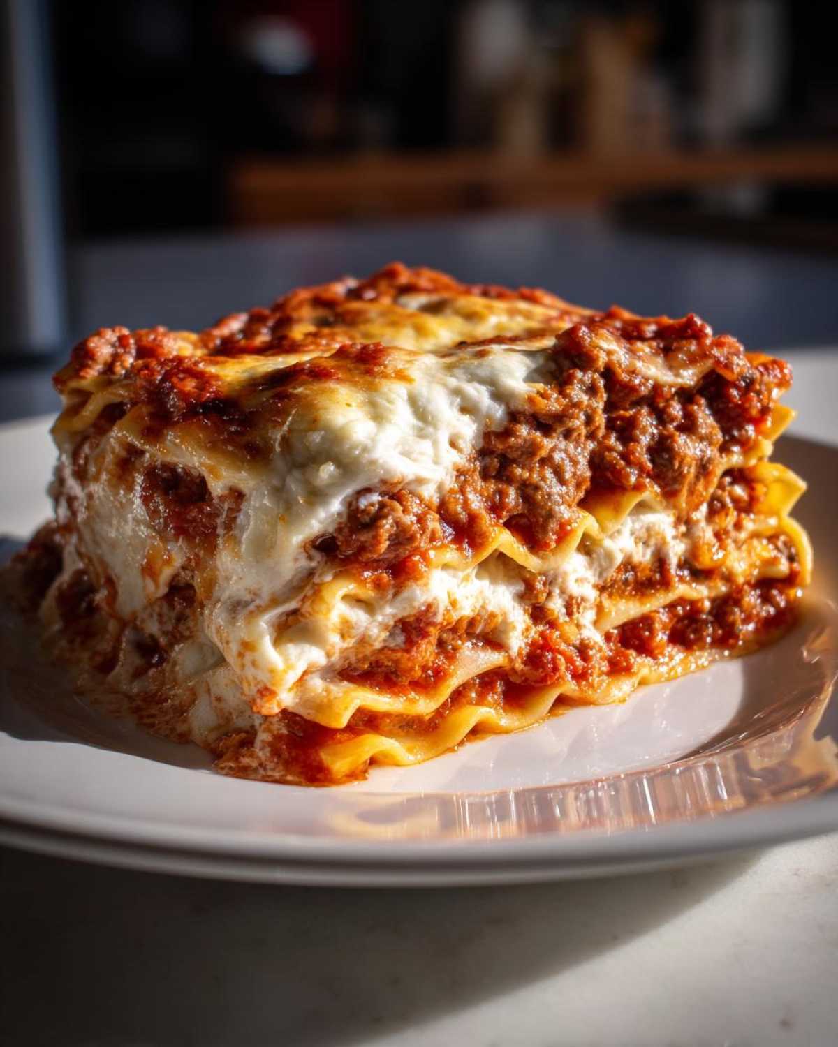 A tall, layered slice of easy lasagna with ricotta cheese and rich meat sauce, served on a white plate.