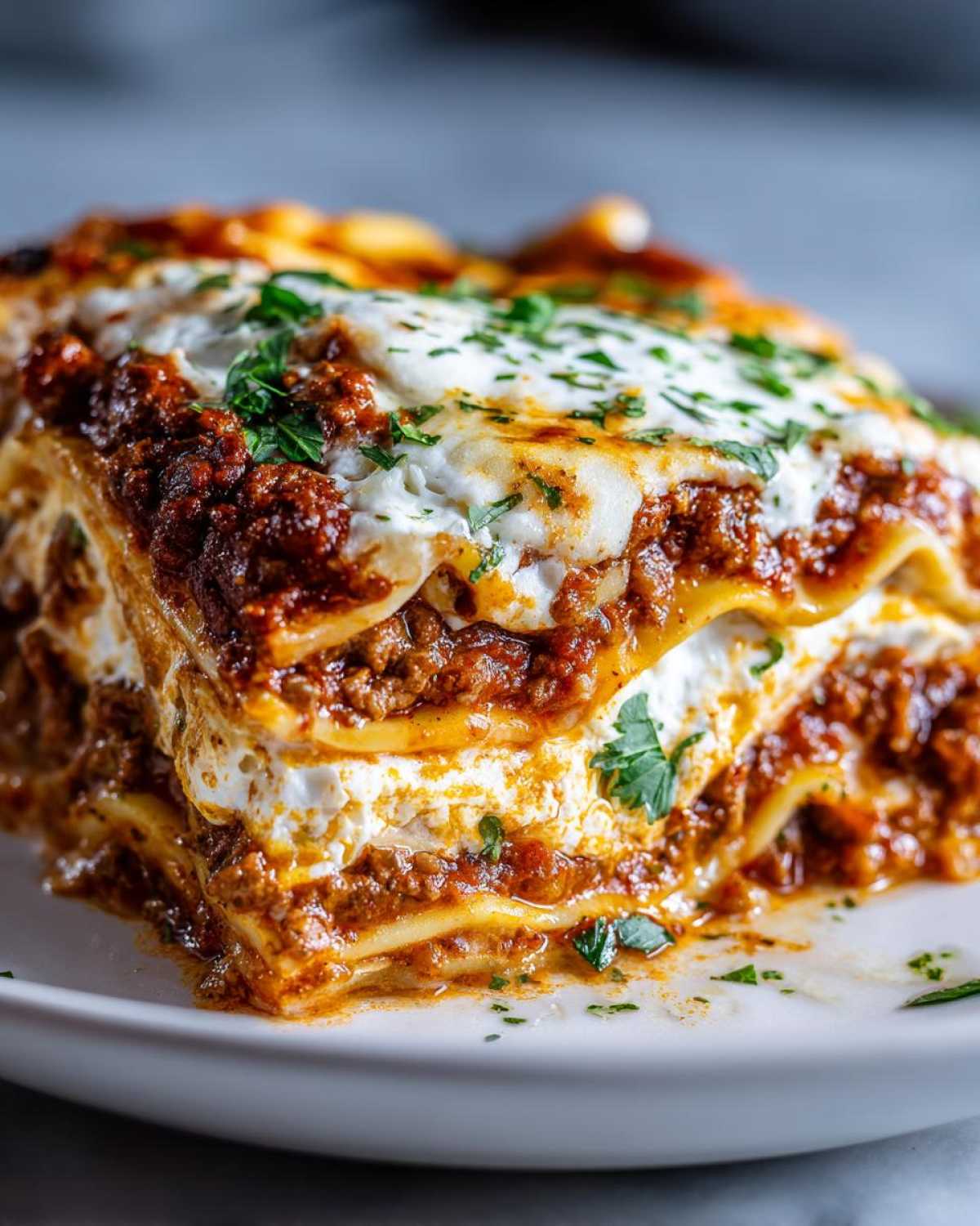 Close-up of a generous slice of easy lasagna with ricotta, showing layers of pasta, meat sauce, and creamy white cheese.