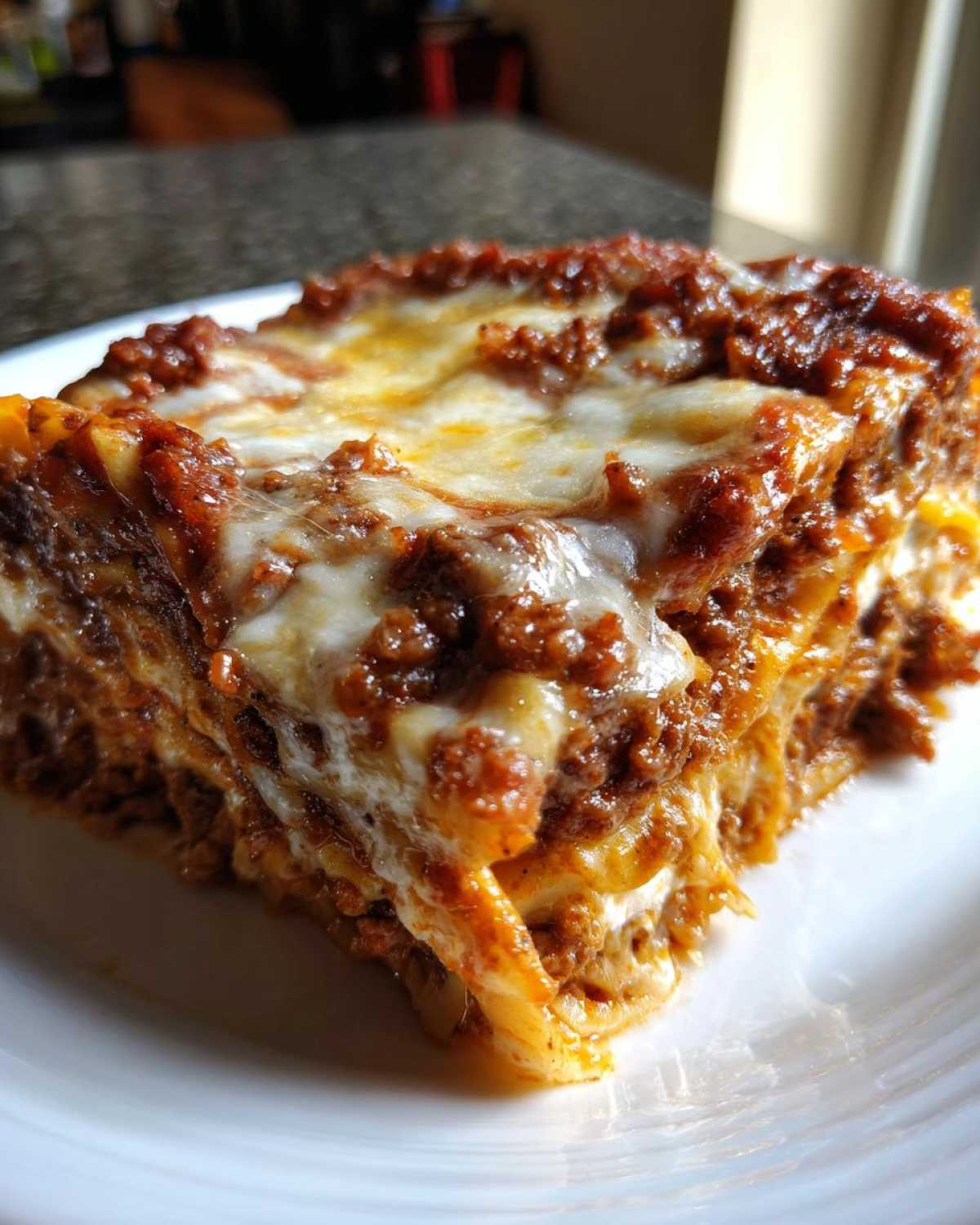 Close-up of a cheesy, layered slice of easy lasagna with ricotta and rich meat sauce on a white plate.