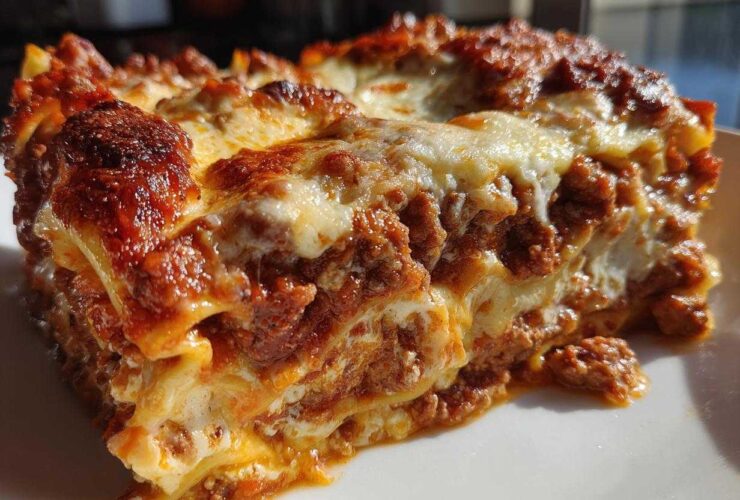 Close-up of a hearty slice of easy lasagna with ricotta, showing layers of pasta, rich meat sauce, and melted, browned cheese topping.