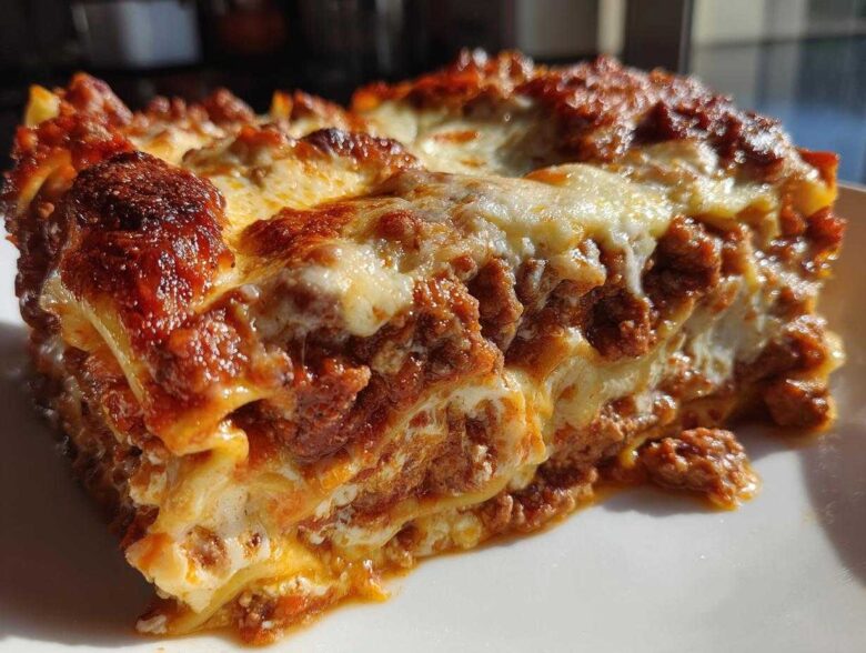 Close-up of a hearty slice of easy lasagna with ricotta, showing layers of pasta, rich meat sauce, and melted, browned cheese topping.