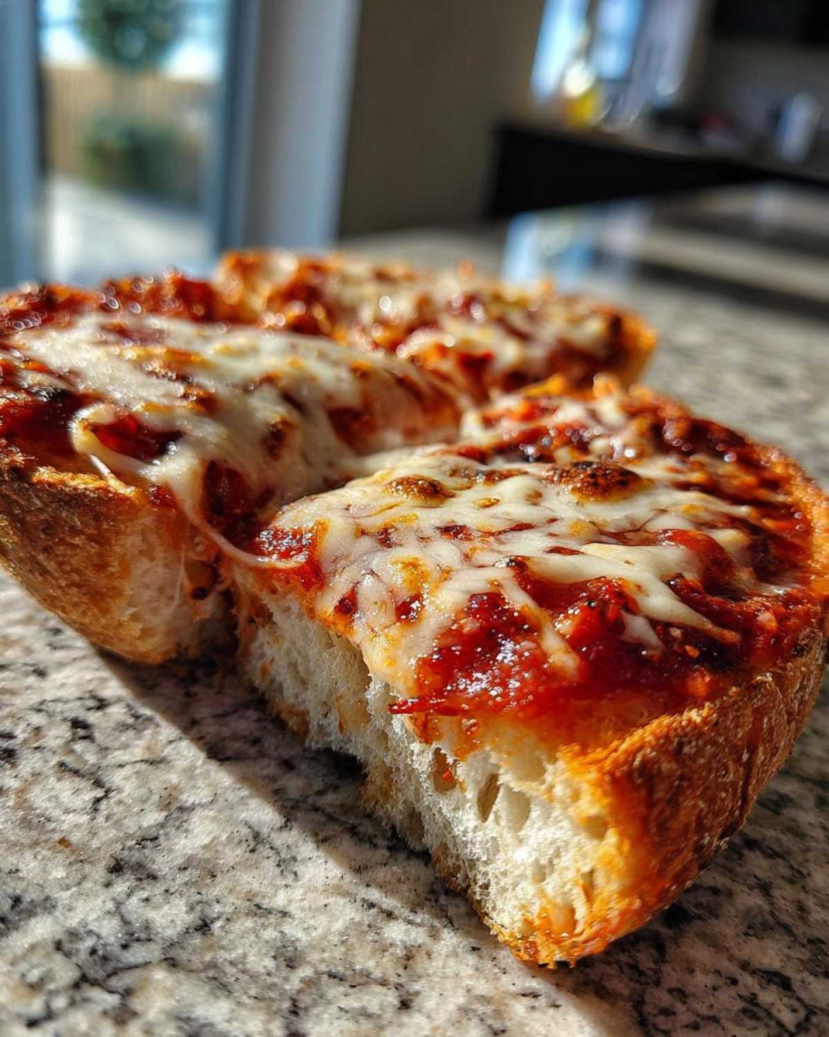 Close-up of two halves of a freshly baked English muffin pizza with melted, bubbly cheese and tomato sauce.