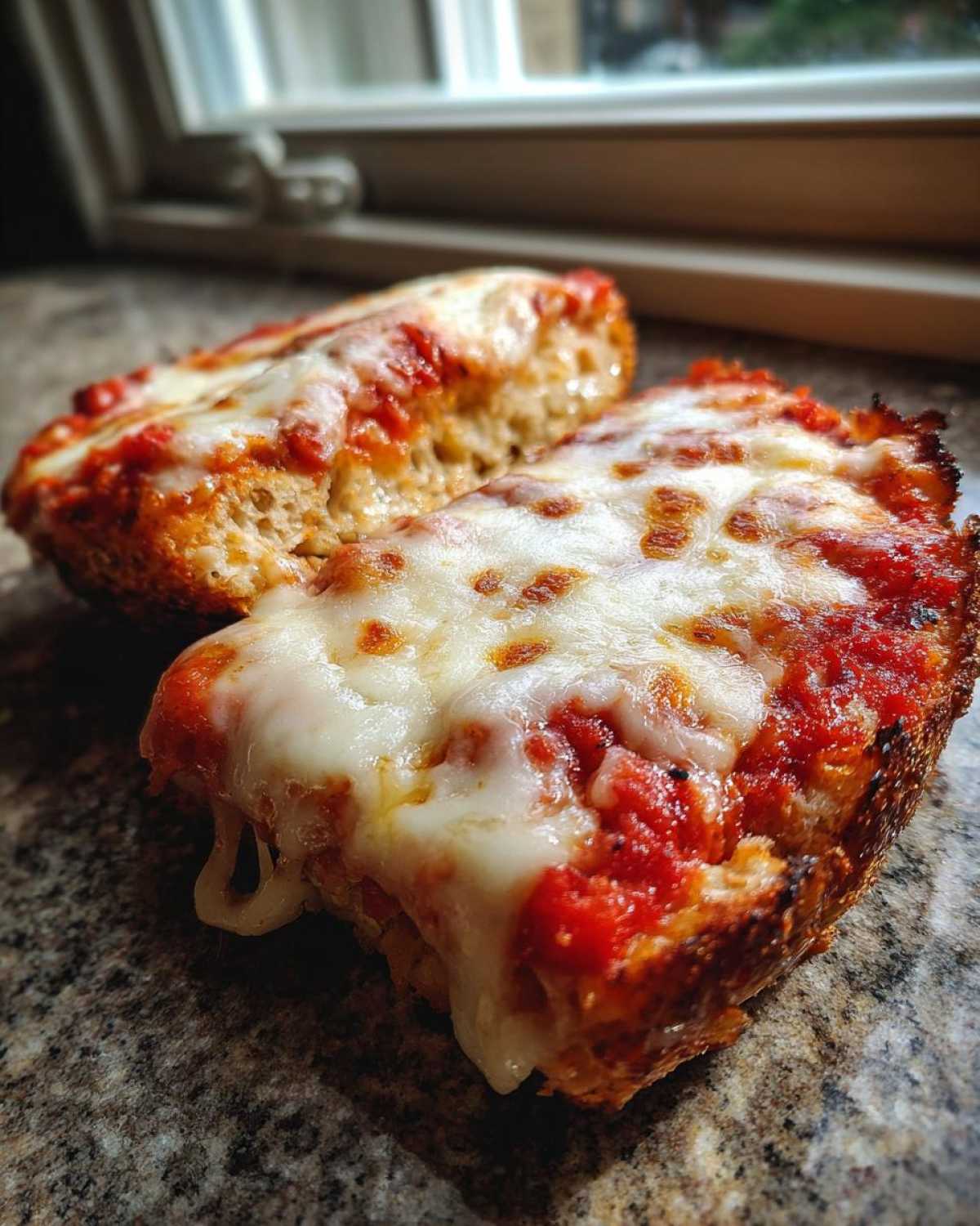 Close-up of two halves of an English muffin pizza topped with melted mozzarella cheese and tomato sauce.