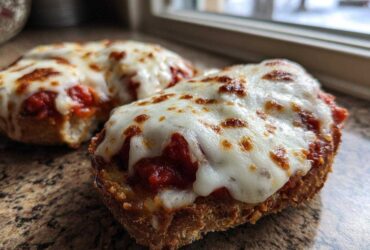 Close-up of two halves of an English muffin pizza topped with melted, slightly browned mozzarella cheese and tomato sauce.