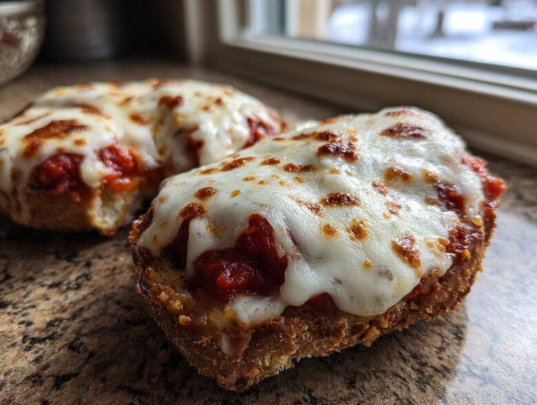 Close-up of two halves of an English muffin pizza topped with melted, slightly browned mozzarella cheese and tomato sauce.