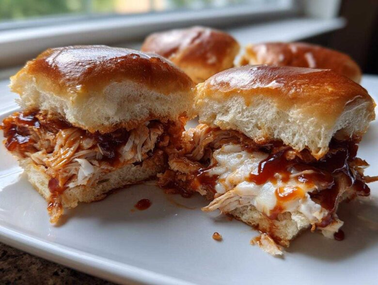 A close-up of one of the bbq chicken sliders cut in half, showing shredded chicken, melted cheese, and BBQ sauce on a shiny brioche bun.