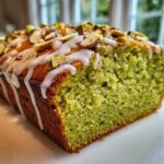 A close-up of a freshly baked pistachio bread loaf, sliced to show the green crumb, topped with white glaze and chopped nuts.