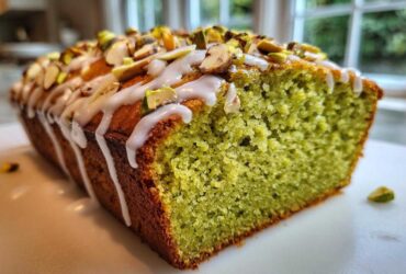 A close-up of a freshly baked pistachio bread loaf, sliced to show the green crumb, topped with white glaze and chopped nuts.