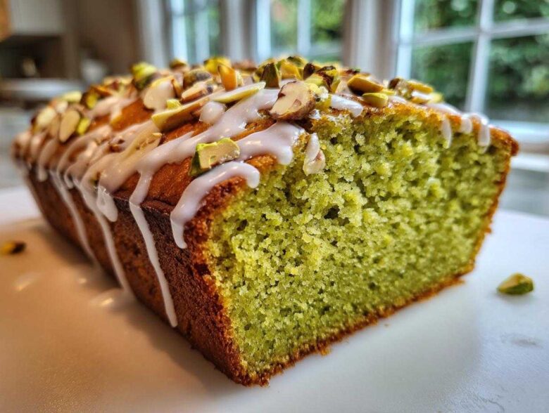 A close-up of a freshly baked pistachio bread loaf, sliced to show the green crumb, topped with white glaze and chopped nuts.
