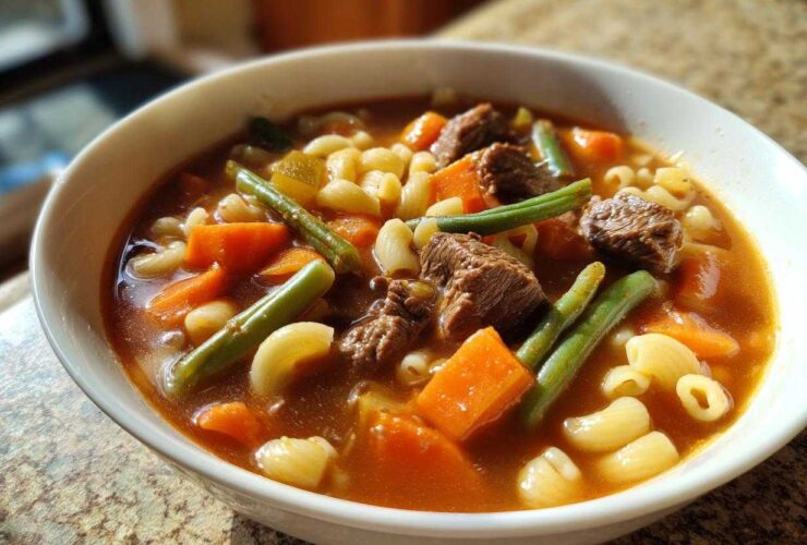 Close-up of a white bowl filled with rich vegetable beef soup featuring chunks of beef, carrots, green beans, and elbow macaroni.