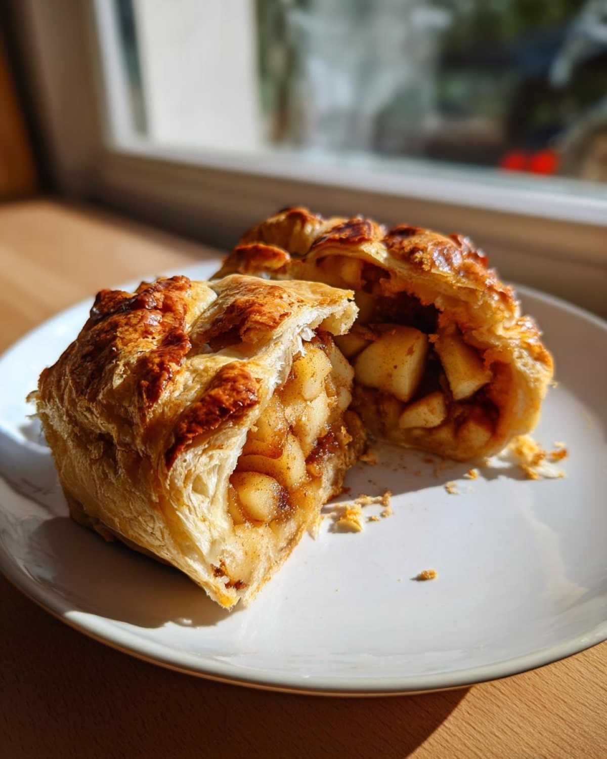 Two halves of a flaky, golden-brown apple strudel filled with cinnamon apples, resting on a white plate.