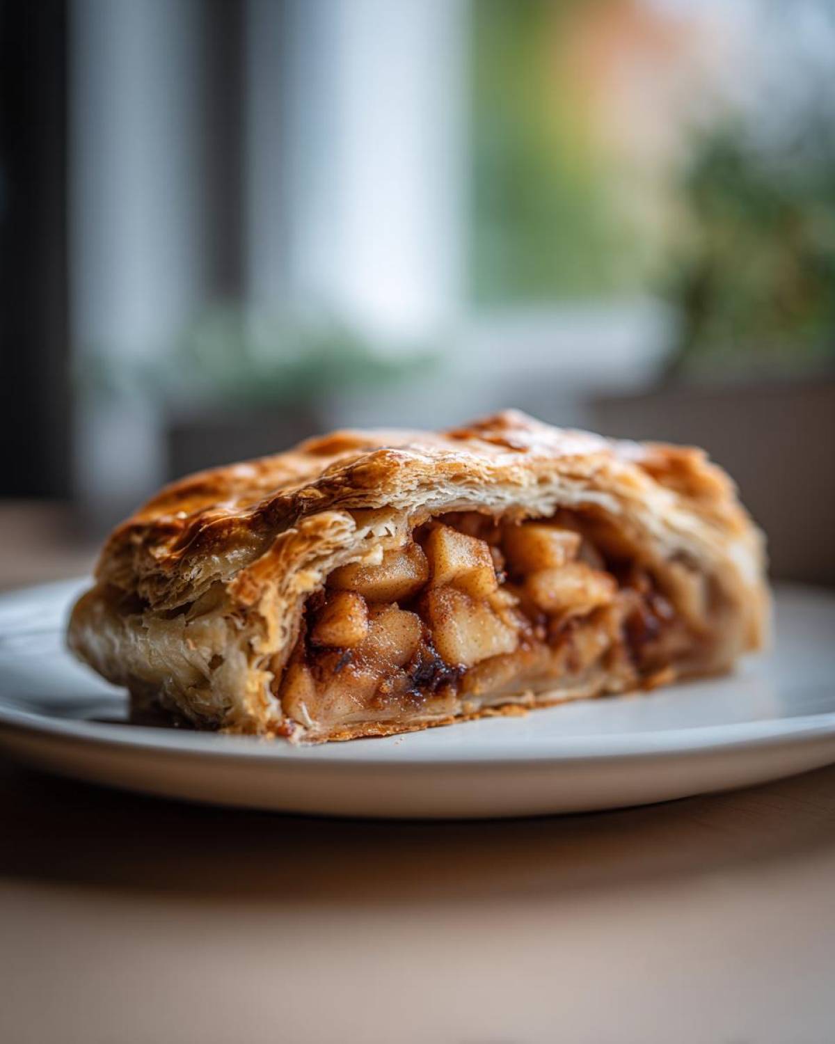 Close-up of a flaky pastry slice of apple strudel showing the cinnamon-spiced apple filling.