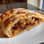 Close-up of a flaky pastry slice of apple strudel dusted with powdered sugar.