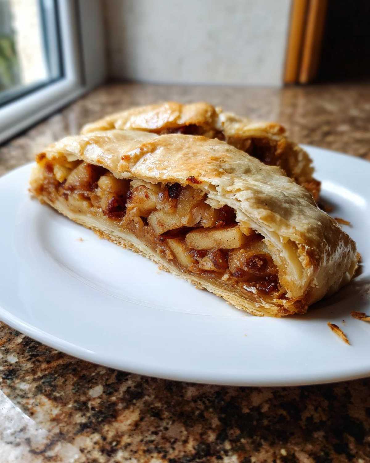 Close-up of a golden, flaky slice of apple strudel showing the spiced apple filling on a white plate.