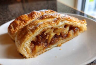 Close-up of a flaky pastry slice of apple strudel dusted with powdered sugar.
