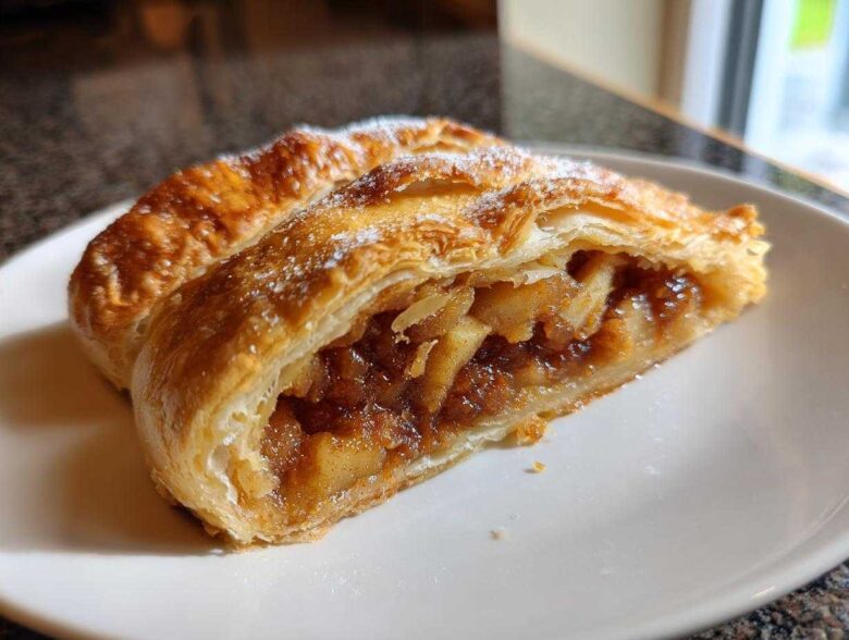 Close-up of a flaky pastry slice of apple strudel dusted with powdered sugar.