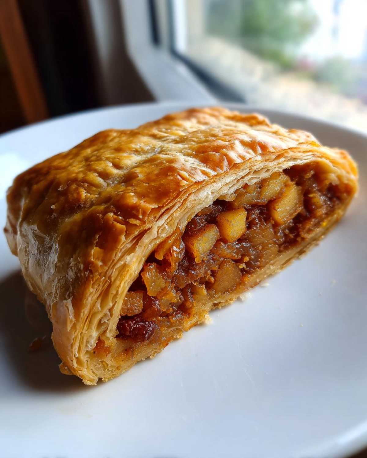 Close-up of a flaky slice of apple strudel showing the rich apple and raisin filling.