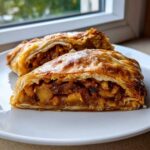 Two slices of golden brown, flaky apple strudel filled with spiced apples and raisins, resting on a white plate.