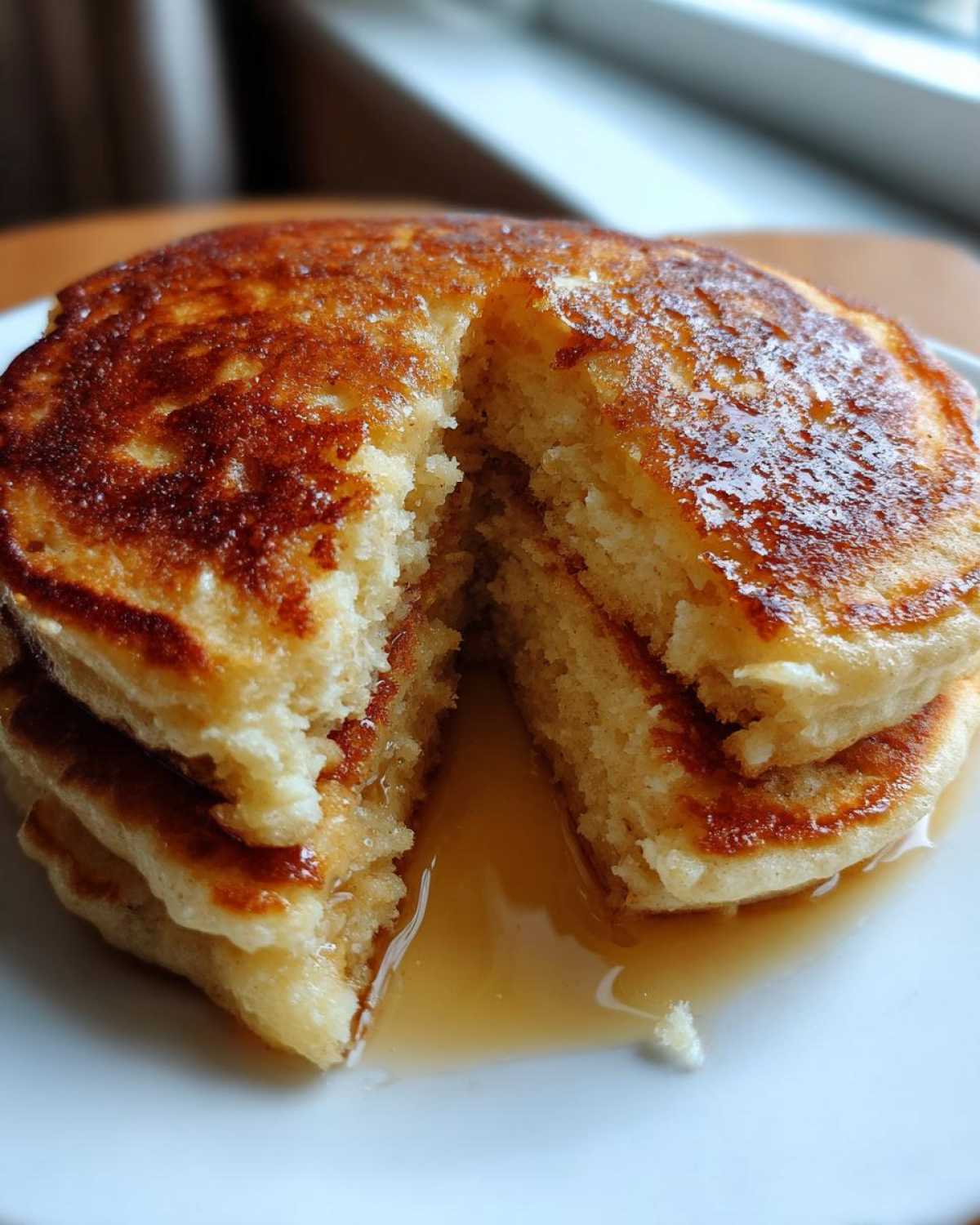 Close-up of fluffy banana pancakes stacked, cut open to show the soft interior and maple syrup pooling below.