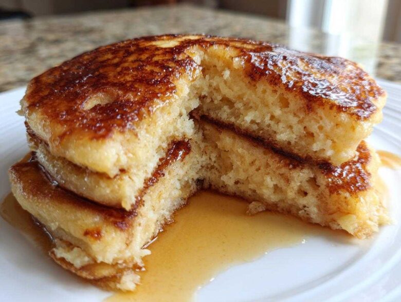 Close-up of fluffy banana pancakes stacked and cut open, showing the airy interior and drizzled with syrup.