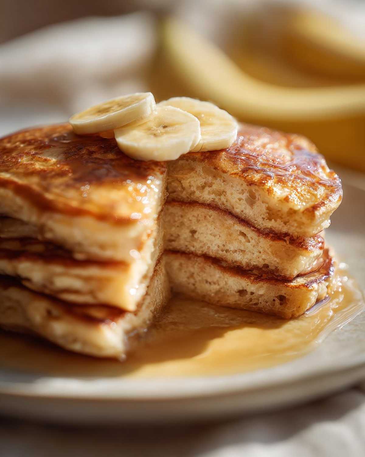 A close-up of a fluffy stack of banana pancakes drizzled with syrup and topped with fresh banana slices.