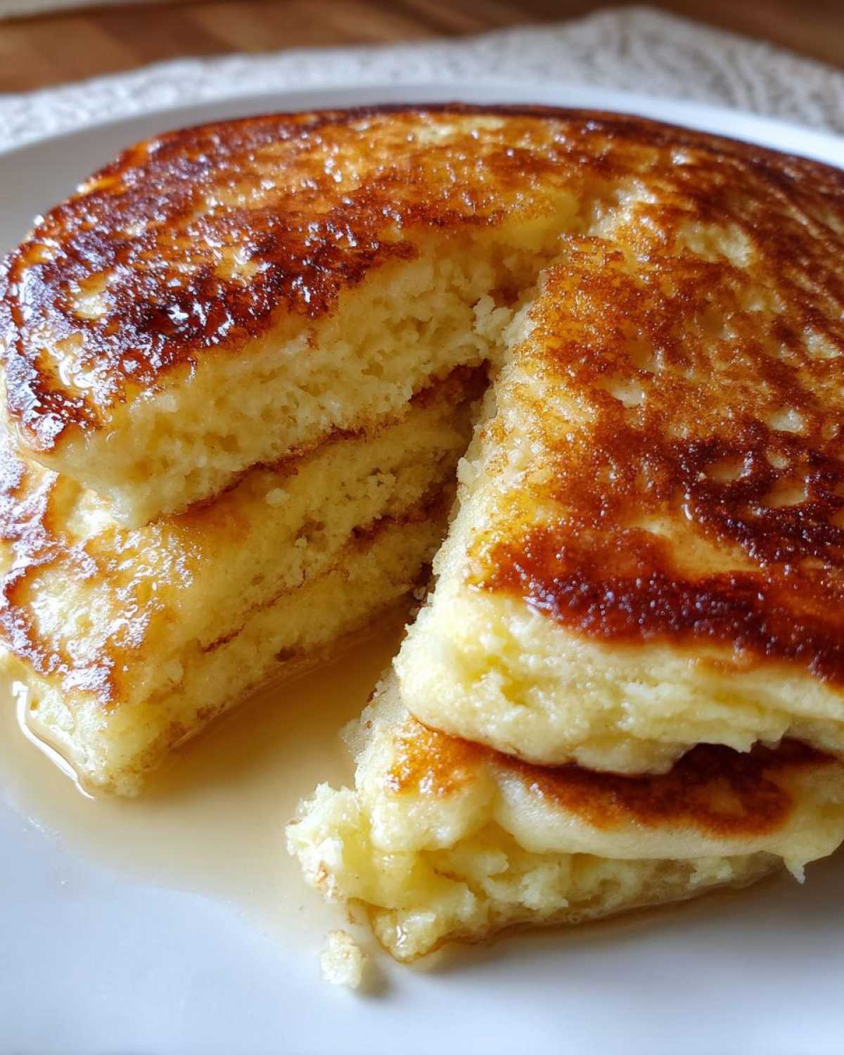 Close-up of a fluffy stack of banana pancakes, cut to show the interior texture, drizzled with syrup.