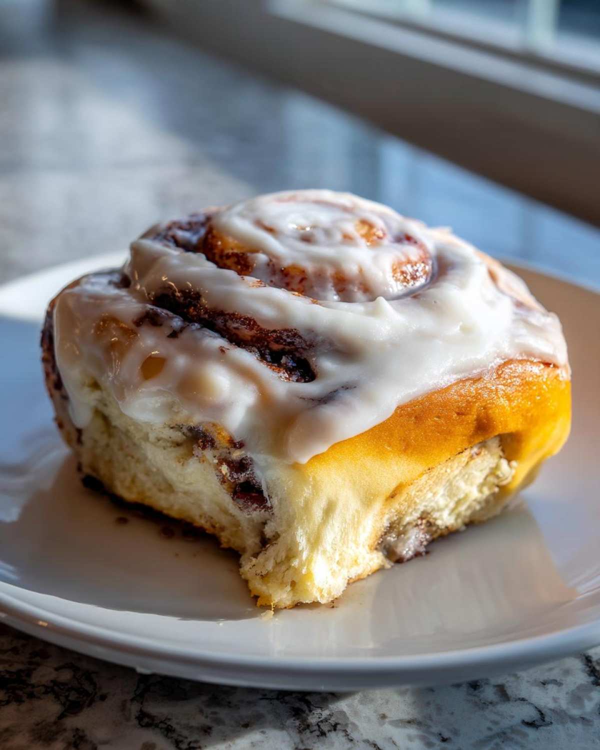 A close-up of a single, fluffy cinnamon bun topped with thick white icing, sitting on a white plate.