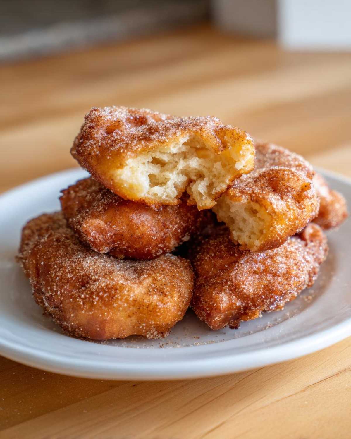 A stack of golden brown buñuelos coated in cinnamon sugar, with one broken open showing the fluffy interior.