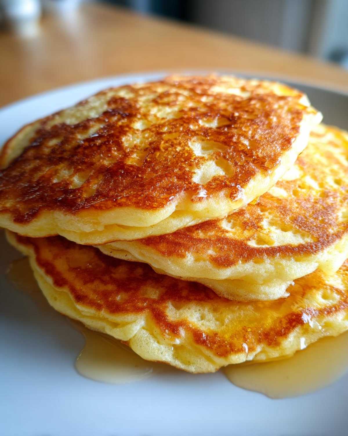 A close-up of a stack of three fluffy discard pancakes drizzled with syrup on a light plate.