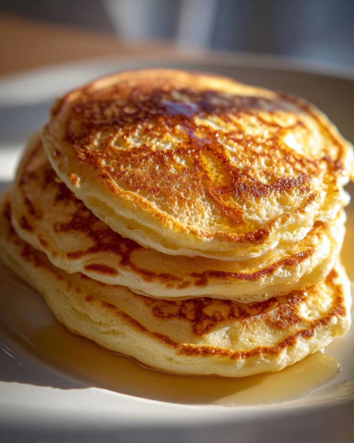 Close-up of a stack of three golden brown, fluffy discard pancakes drizzled with syrup.
