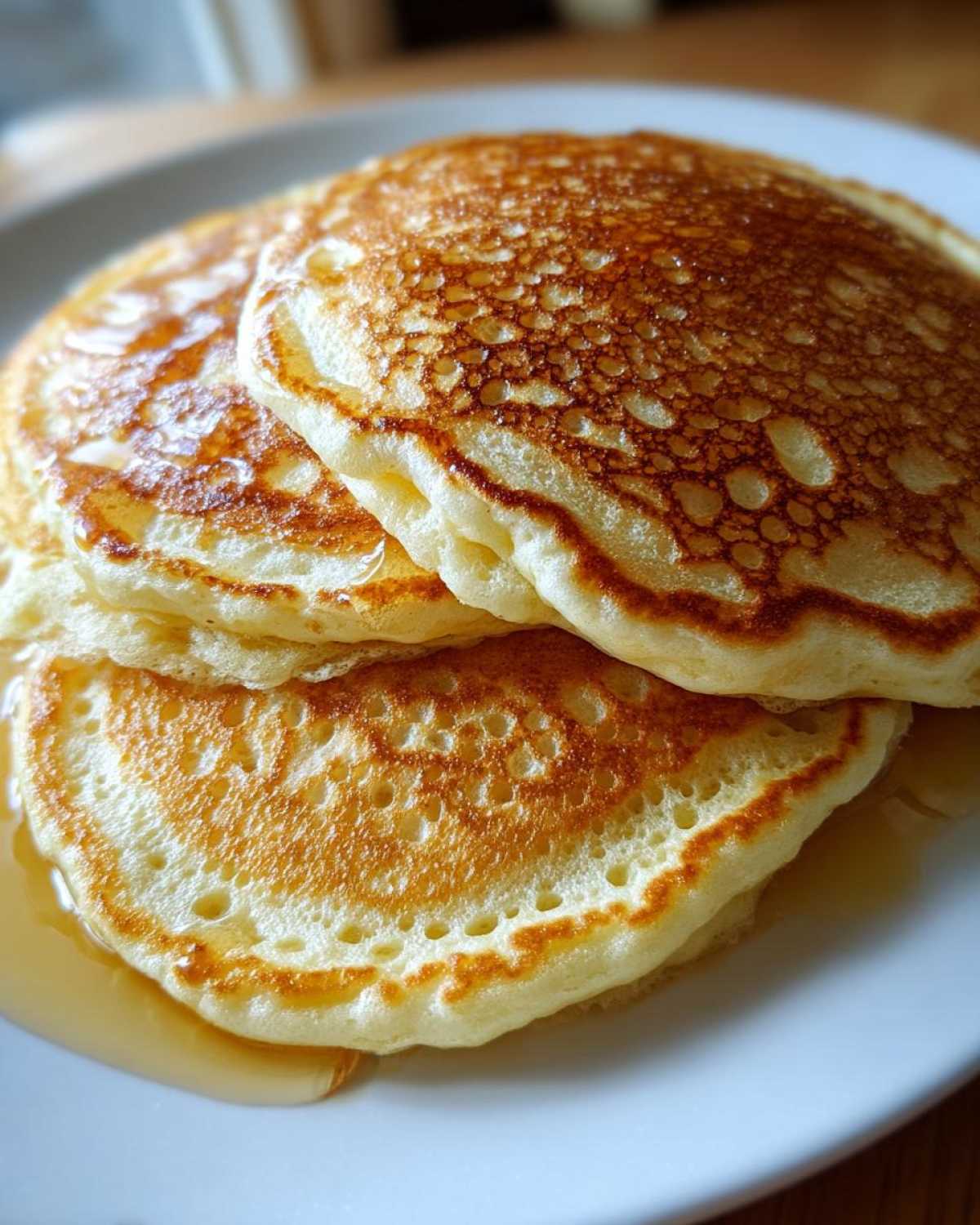 A close-up stack of three fluffy discard pancakes drizzled with golden syrup on a white plate.