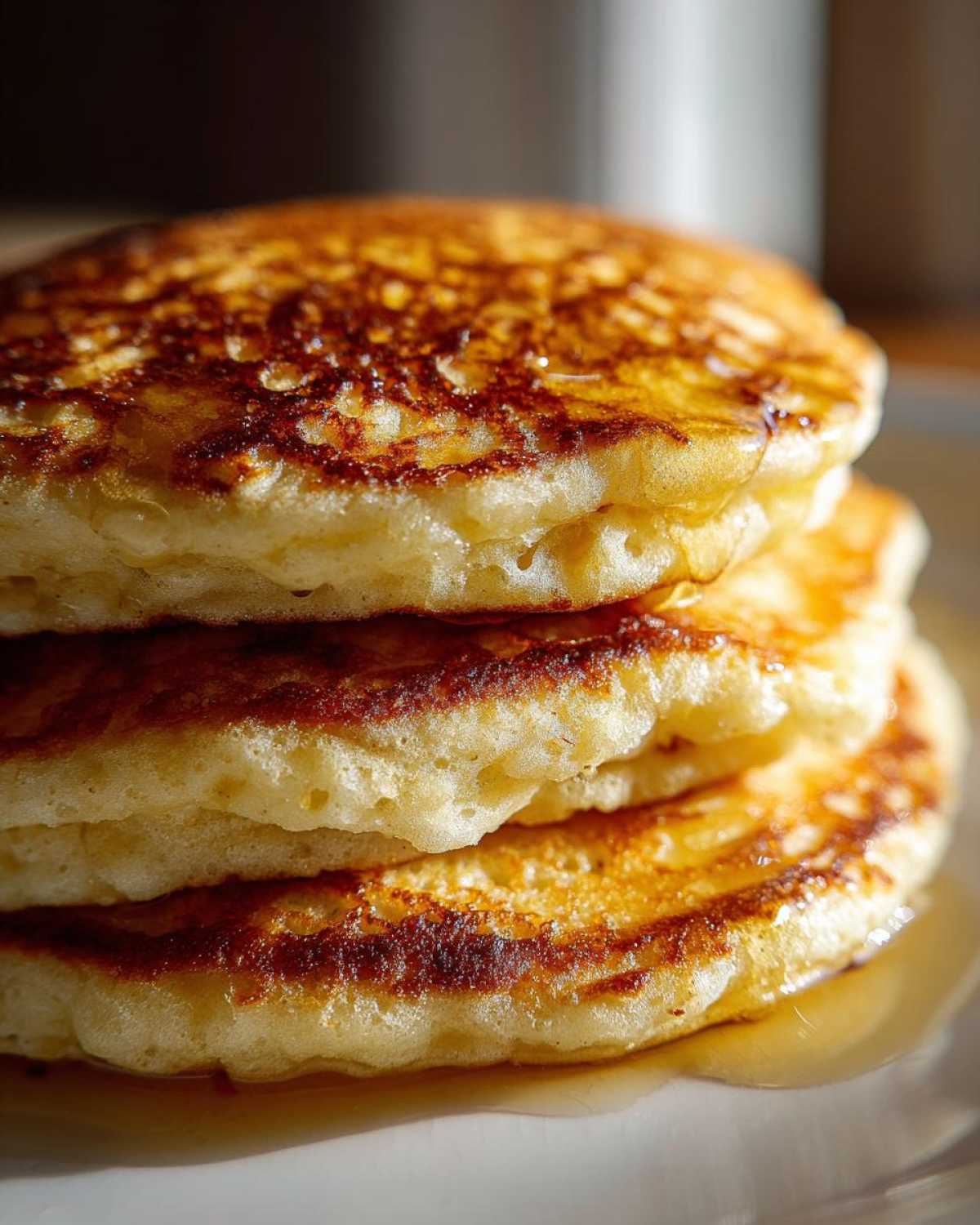 Close-up of a tall stack of fluffy discard pancakes dripping with golden syrup.