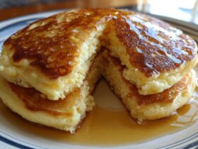 A stack of fluffy discard pancakes cut open, drizzled generously with golden syrup.