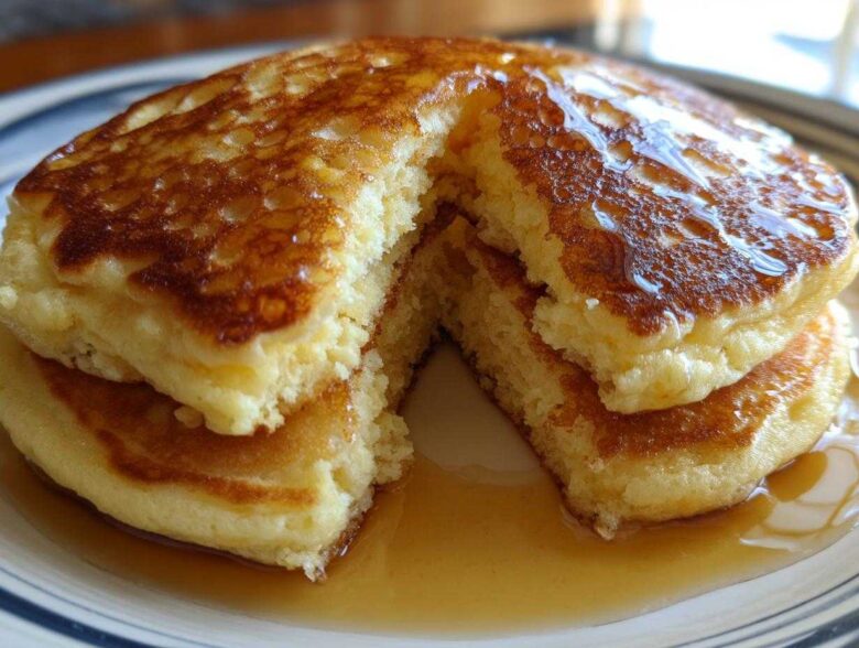 A stack of fluffy discard pancakes cut open, drizzled generously with golden syrup.
