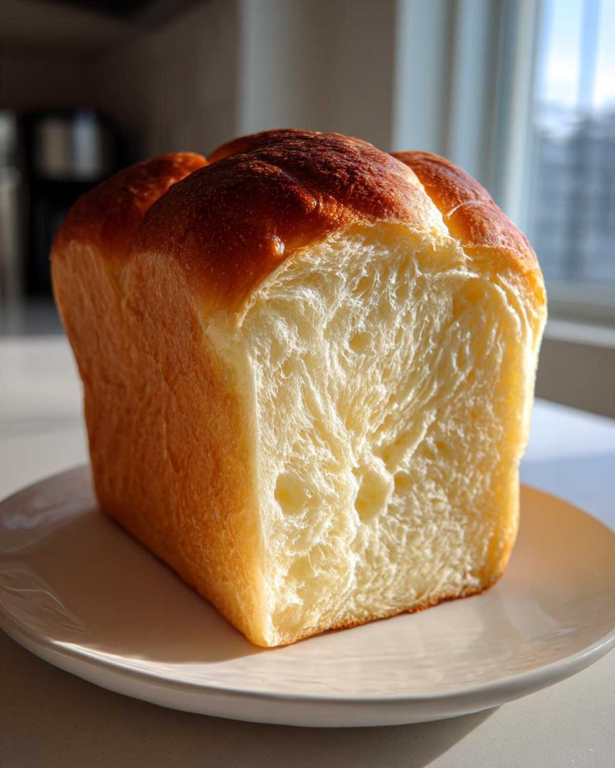 A freshly baked loaf of japanese milk bread, sliced to show its incredibly soft, fluffy, and stringy interior crumb.