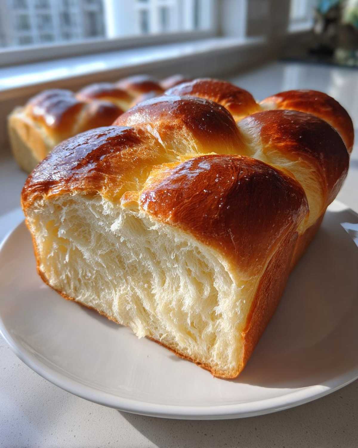 Close-up of a slice of incredibly soft and fluffy japanese milk bread with a glossy, golden-brown top.