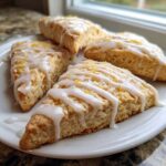 Four triangular lemon scones drizzled with white tangy glaze and topped with lemon zest.