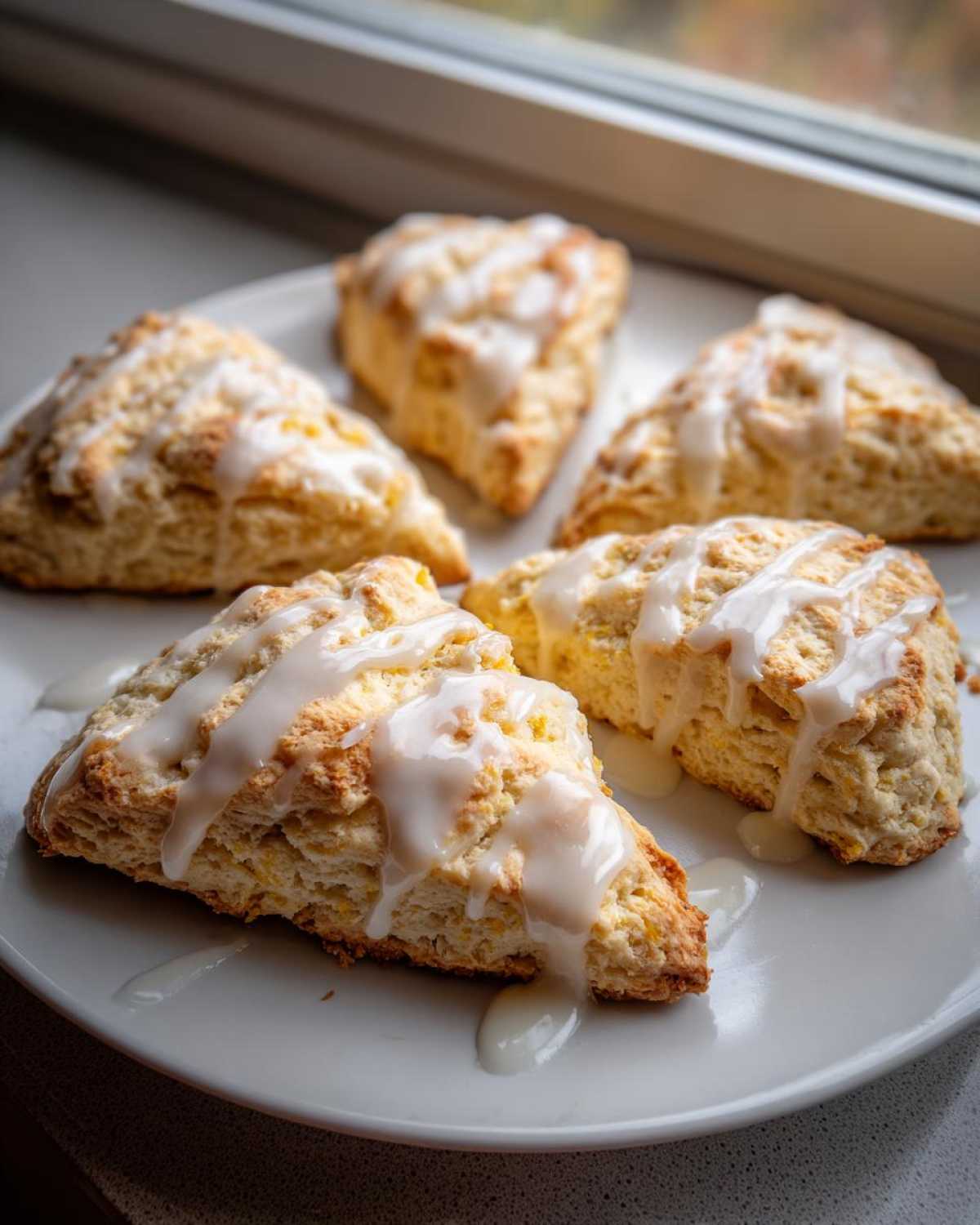 Five triangular lemon scones drizzled generously with a tangy white glaze, arranged on a white plate near a window.