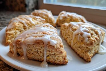 Close-up of several fluffy lemon scones drizzled generously with a tangy white glaze, sitting on a white plate.