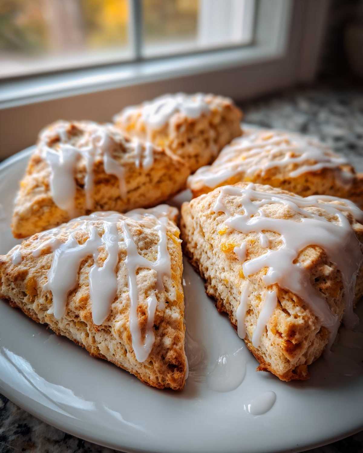 A close-up of several fluffy lemon scones drizzled with a tangy white glaze, resting on a white plate near a window.