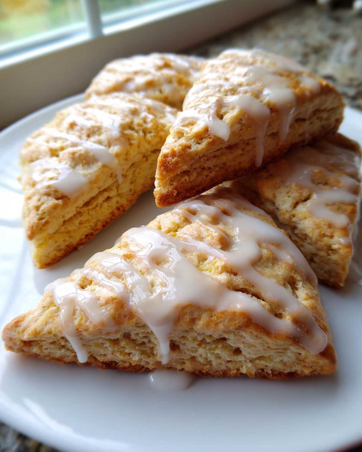 Close-up of several fluffy lemon scones drizzled with a tangy white glaze, stacked on a white plate.