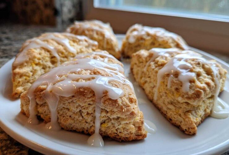 Close-up of several fluffy lemon scones drizzled generously with a tangy white glaze, sitting on a white plate.