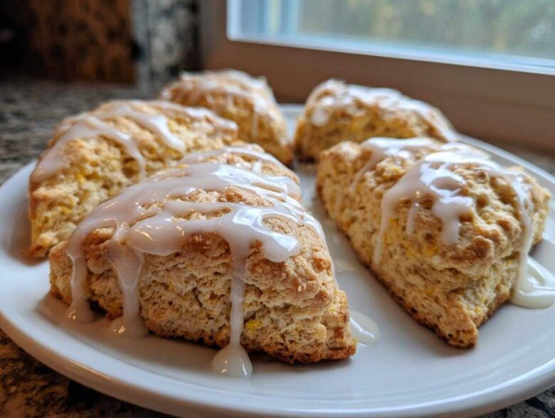 Close-up of several fluffy lemon scones drizzled generously with a tangy white glaze, sitting on a white plate.