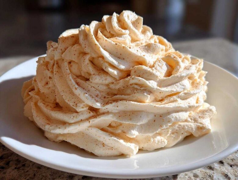 A large swirl of light orange-tinted cinnamon butter, piped high and dusted with ground cinnamon, sits on a white plate.