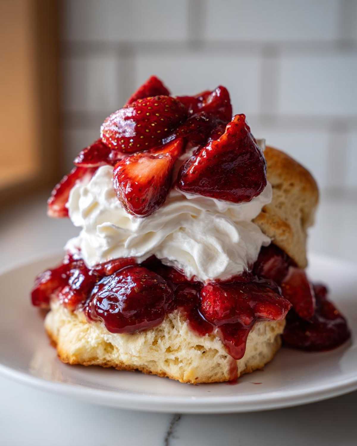 Close-up of a fluffy shortcake split and layered with macerated strawberries and whipped cream.