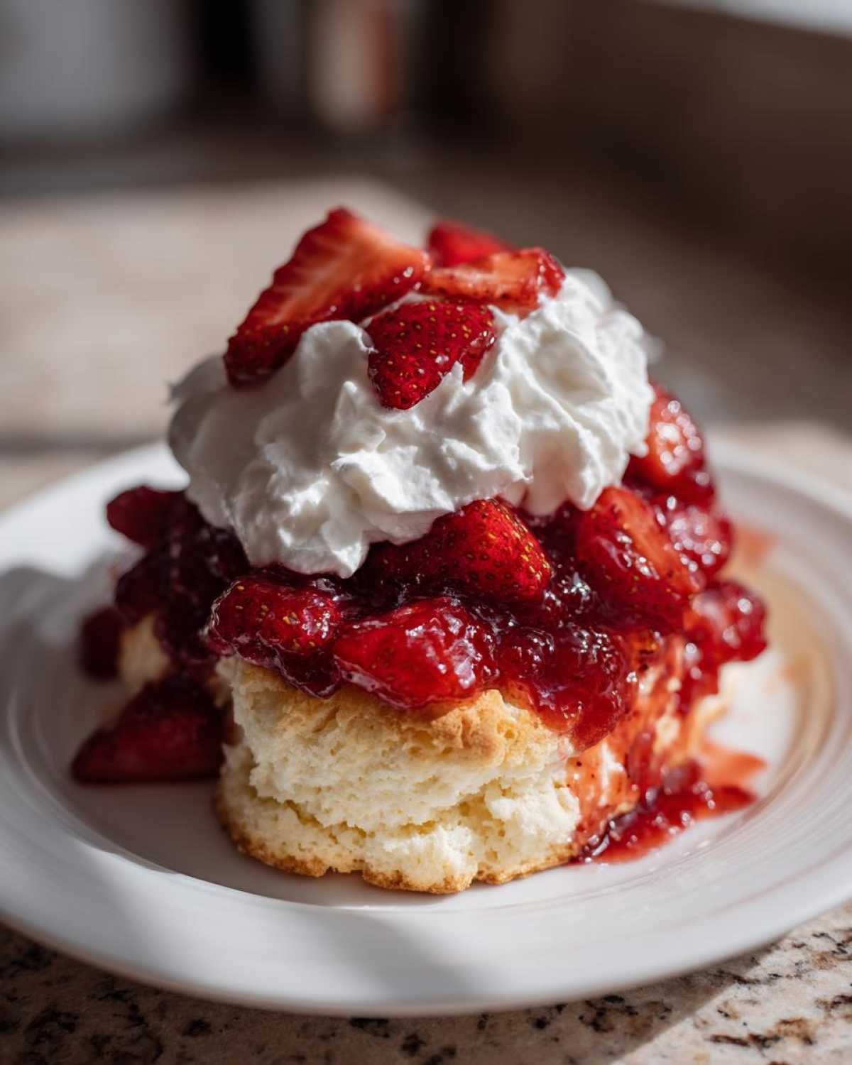 A close-up of a fluffy shortcake biscuit topped with macerated strawberries and a generous dollop of whipped cream.